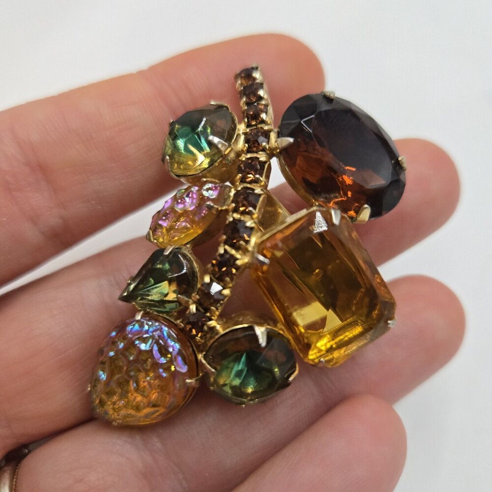 Vintage Givre And Molded Art Glass Autumn Amber Colors Honey Green Brooch